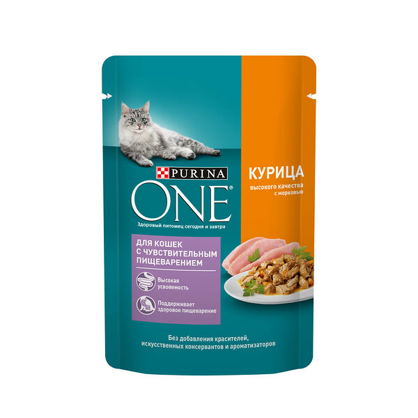 Purina One пауч для кошек с чувствительным пищеварением (кусочки в подливе) Курица