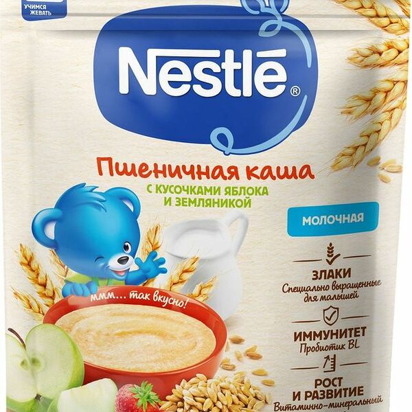 Каша пшеничная NESTLE молочная, с кусочками яблока и земляникой, с 8 месяцев