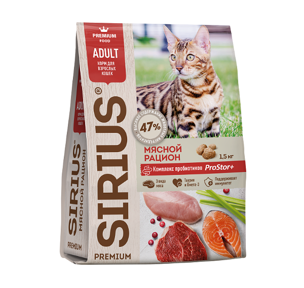 Sirius Sirius для взрослых кошек Мясной рацион 1,5 кг