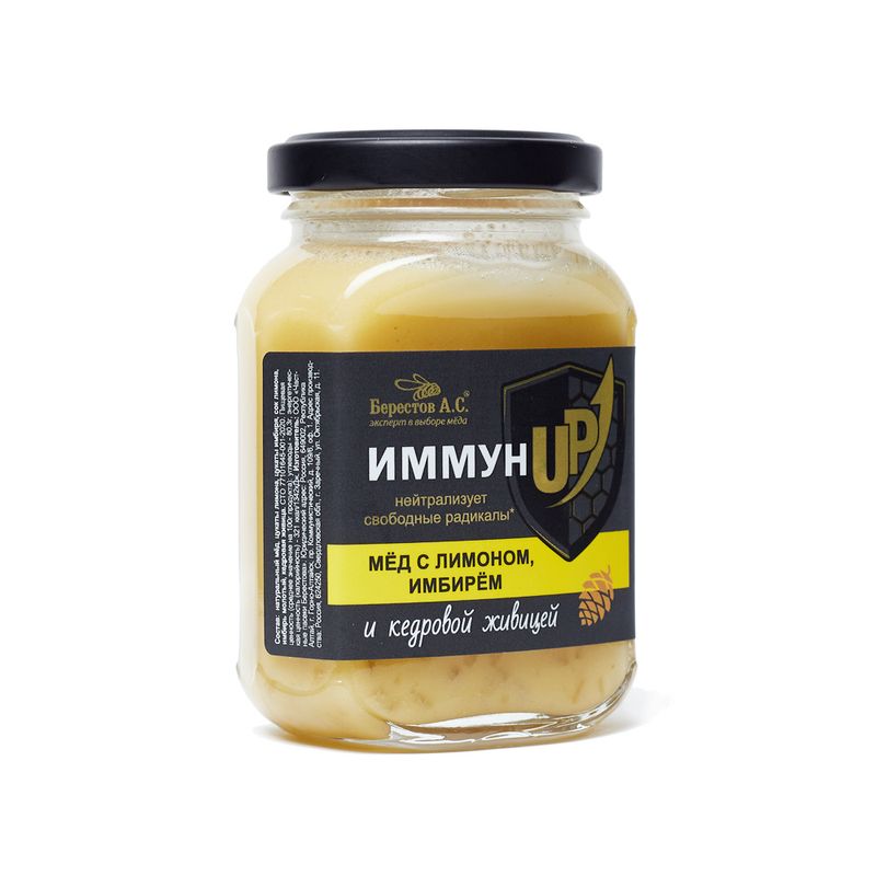 

Мед Берестов А.С. ИммунUP натуральный цветочный с лимоном, имбирем и кедровой живицей 200 г