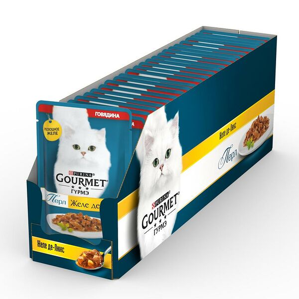 Корм для кошек GOURMET Perle Желе Де-Люкс говядина в роскошном желе пауч 75г (упаковка - 26 шт)