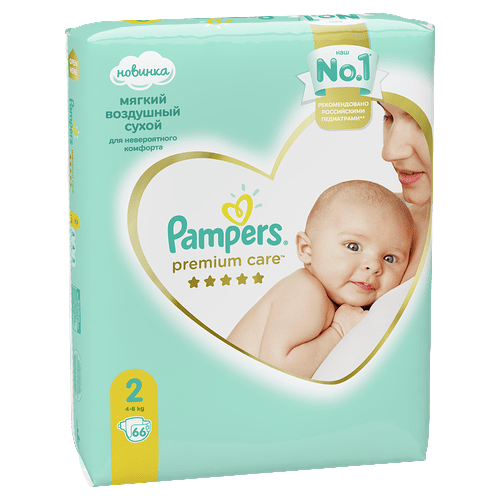 Подгузники Pampers Premium Care, Вес 4–6 кг, Размер 2, 66 шт