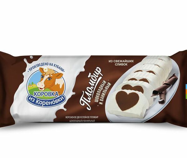 Пломбир Коровка Из Кореновки Полено 2 цветное шоколадный и ванильный, 400г