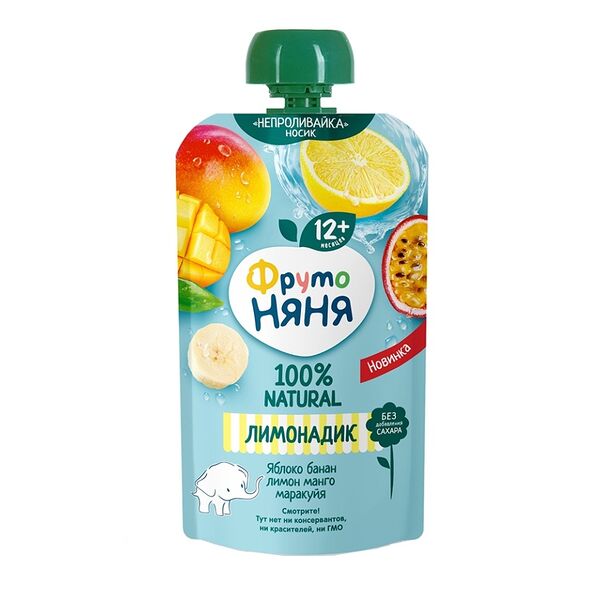Лимонадик Фрутоняня яблоко-банан-лимон-манго-маракуйя, с 12 месяцев, 130мл