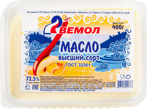 

Масло сладко-сливочное Вемол крестьянское 72.5%, 400 г