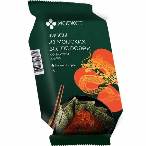 Чипсы из обжаренных морских водорослей нори со вкусом кимчи Маркет, 5г