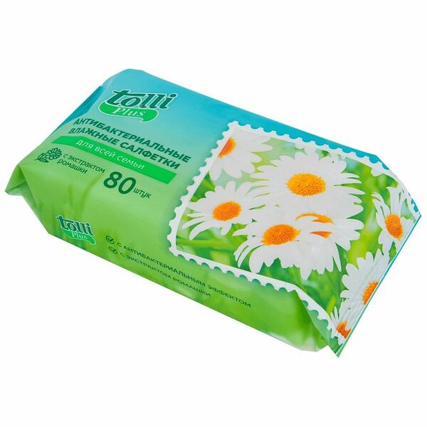 Салфетки влажные Tolli Plus антибактериальные с экстрактом ромашки, 80шт