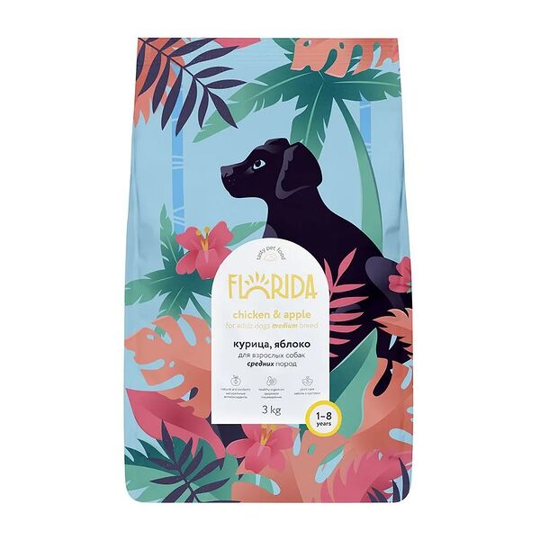 Корм Florida для взрослых собак средних пород с курицей и яблоком