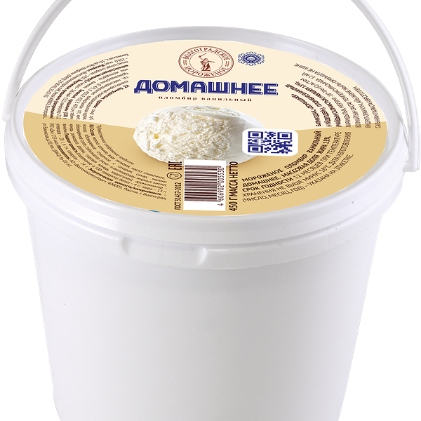 Мороженое ВОЛГОМЯСОМОЛТОРГ Домашнее пломбир ванильный 12%, без змж, ведерко, 450г