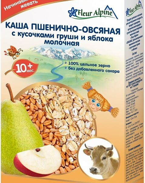 Каша Fleur Alpine Organic Пшенично-овсяная с кусочками груши и яблока с 10 месяцев 175г
