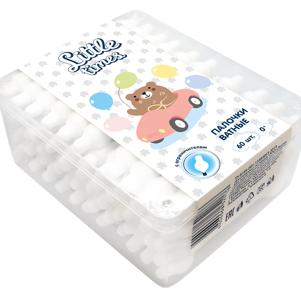 Ватные палочки детские Little times с ограничителем, 60 шт.
