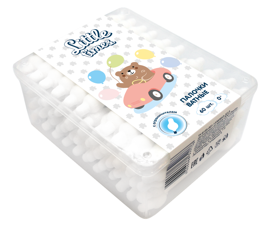 

Ватные палочки детские Little times с ограничителем, 60 шт.