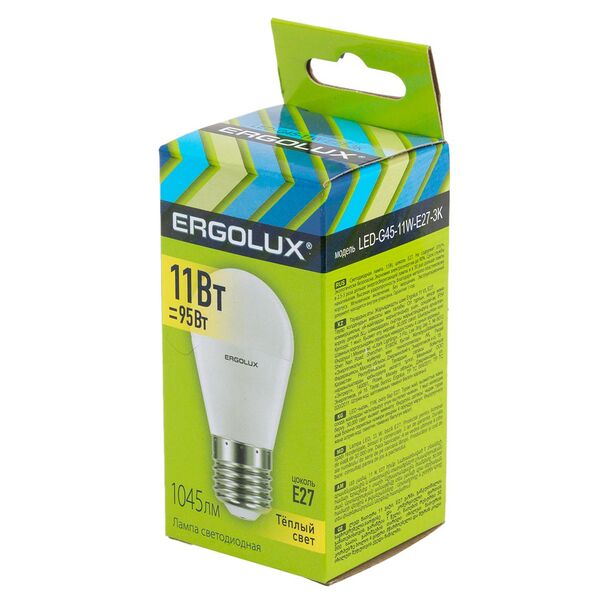 Лампа светодиодная ERGOLUX, E27, 11 Вт, 3000К, 172-265 В, шар