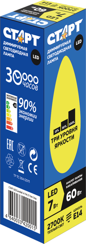 

Лампа светодиодная Старт LED Candle E14 7Вт 27 Dim Step 10/100