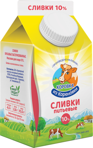 

Сливки пастеризованные КОРОВКА ИЗ КОРЕНОВКИ 10%, без змж, 450г