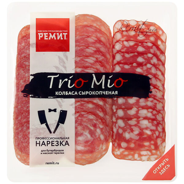 Колбаса сырокопчёная Ремит ассорти Trio Mio для бутербродов и мясной тарелки, нарезка