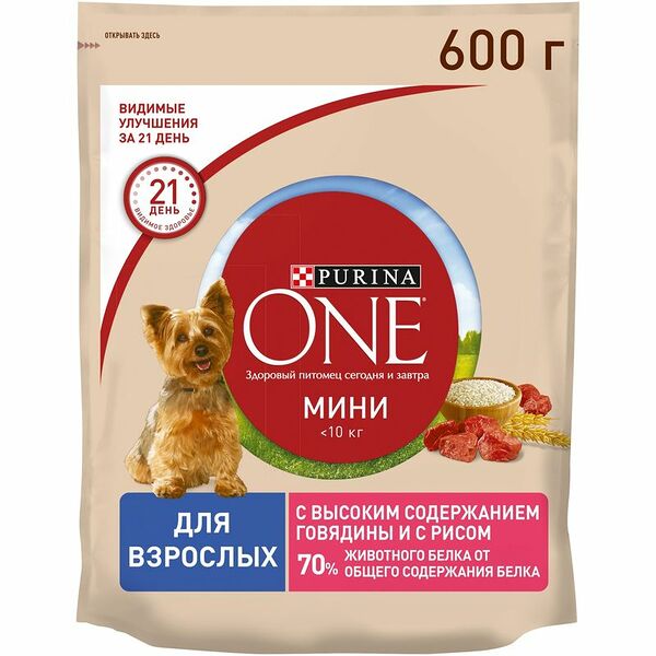 Сухой корм Purina ONE для собак с говядиной и рисом, 600г