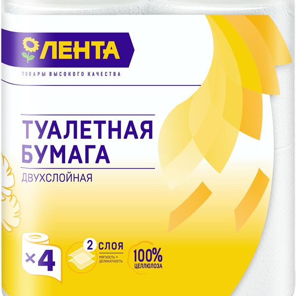 Бумага туалетная ЛЕНТА 2 слоя, 4шт