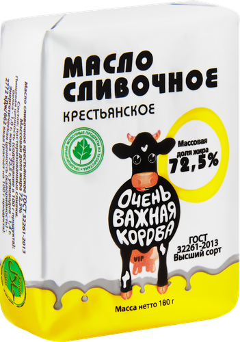 

Масло сливочное Очень Важная Корова Крестьянское 72.5% 180 г
