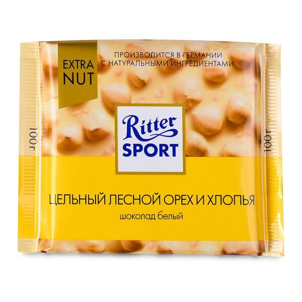 Шоколад Ritter Sport Extra Nut белый с цельным лесным орехом и хлопьями