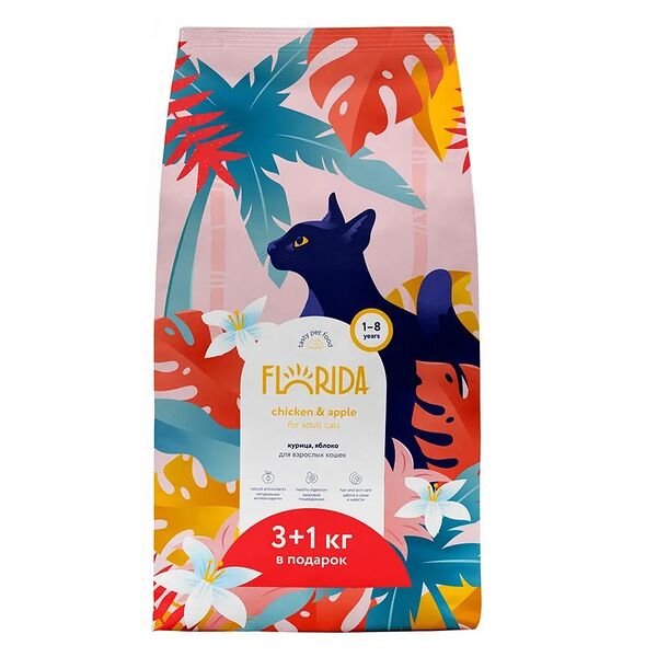 Сухой корм Florida для взрослых кошек Курица и яблоко, 3 кг. + 1 кг.