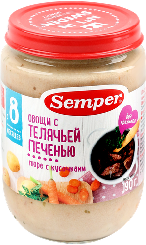 

Пюре Semper Овощи с телячьей печенью с 8 месяцев 190 г
