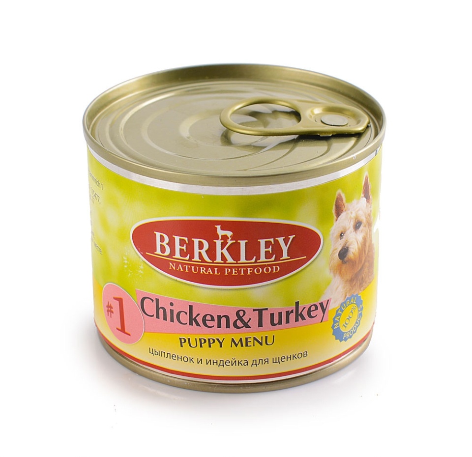 

Корм консервированный Berkley для щенков цыпленок с индейкой, 200 г