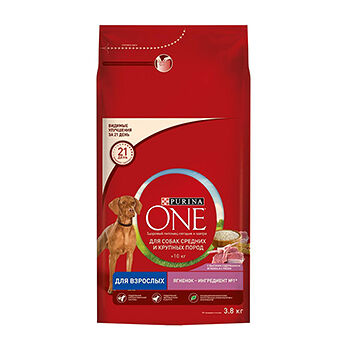 Сухой корм Purina ONE® для взрослых собак средних и крупных пород, с высоким содержанием ягненка и рисом, 3,8 кг