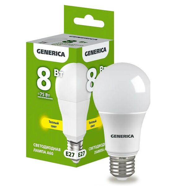Лампа светодиодная IEK Generica, E27, 8 Вт, 230 В, 3000К, A60, груша