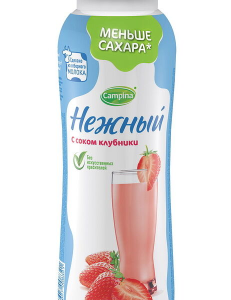 Напиток йогуртный стер НЕЖНЫЙ жир. 0.1% с соком клубники вес 285г Campina