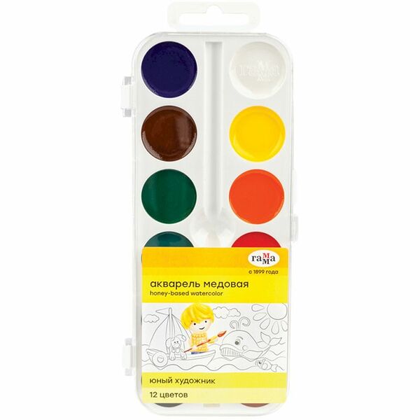 Набор красок Гамма Юный Художник акварельных медовых полусухих без кисточки, 12 цветов