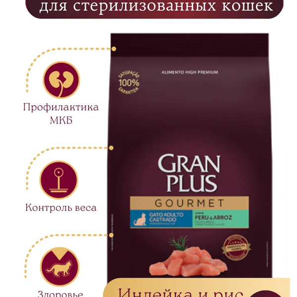 Сухой корм для стерилизованных кошек GRANPLUS Gourmet Cat Sterilised индейка с рисом 3 кг
