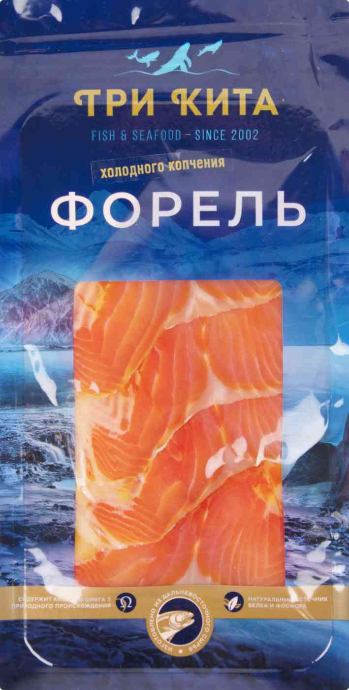 

Форель Три кита ломтики холодного копчения 100 г