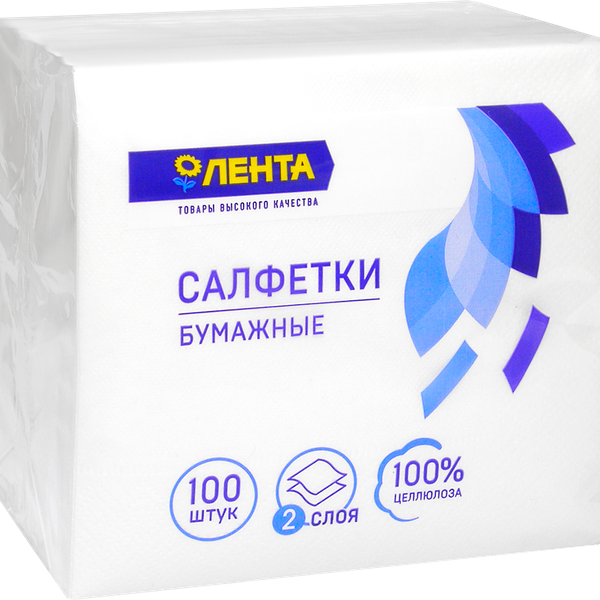Салфетки бумажные ЛЕНТА 2 слоя белые 24x24см, 100шт