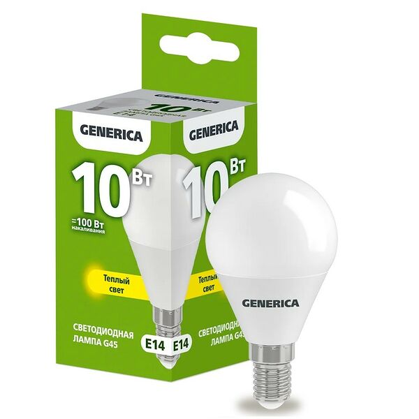 Лампа светодиодная IEK Generica, G45, E14, 10 Вт, 230 В, 3000К, шар