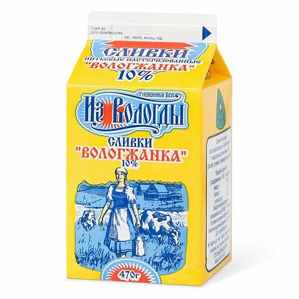 Сливки питьевые пастеризованные Вологжанка 10%