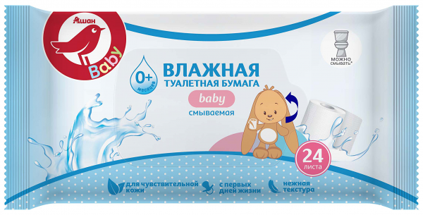 Влажная туалетная бумага АШАН Красная птица, 24 шт