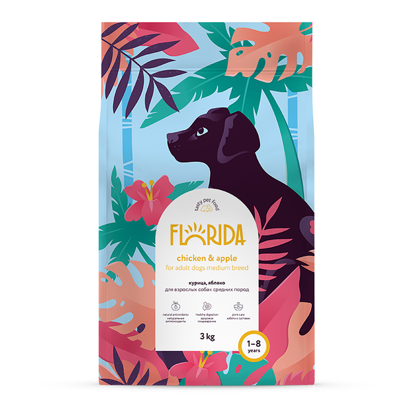 Корм Florida для взрослых собак средних пород с курицей и яблоком