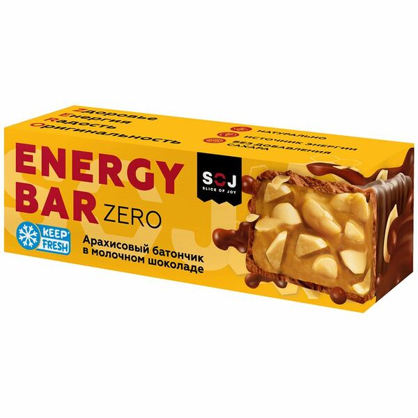 Батончик Soj Energy Bar Zero арахисовый в молочном шоколаде без сахара