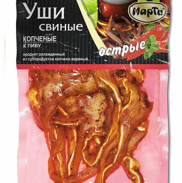 Уши варено-копченые свиные к пиву острые ТМ Марти