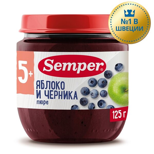 Пюре фруктовое Semper из яблок и черники с 5 месяцев 125г, Испания