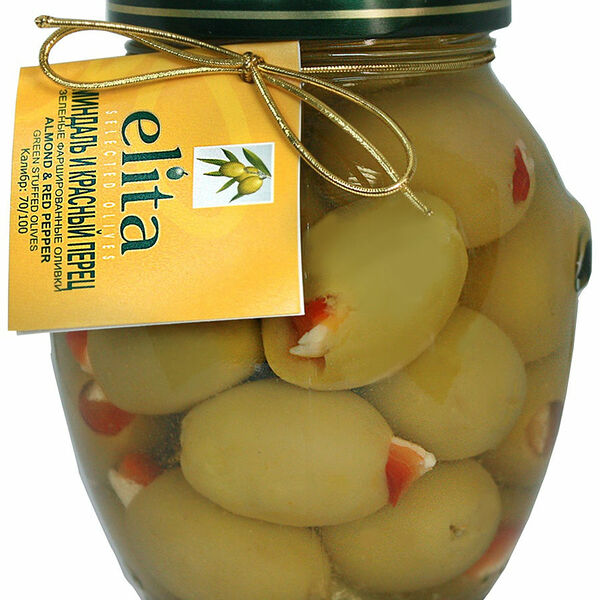 Оливки Elita зеленые фаршированные красным перцем и миндалем