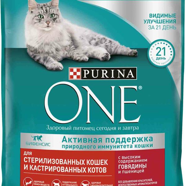 Сухой корм Purina ONE Sterilised для взрослых стерилизованных кошек и кастрированных котов, с говядиной и пшеницей, 750г