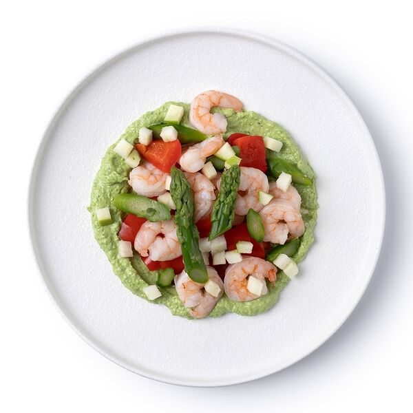 Салат с креветками, спаржей и соусом из руколы, «Уже готово»