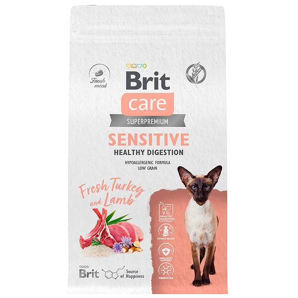 Сухой корм для кошек с чувствительным пищеварением Brit Care Cat Sensitive Healthy Digestion, с индейкой и ягненком