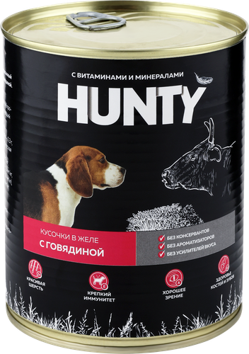 

Корм консервированный для собак HUNTY сочные кусочки в желе с говядиной, 850г
