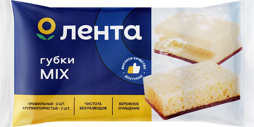 Губки для посуды ЛЕНТА Mix профиль крупнопористые 9х6х4см, 4шт