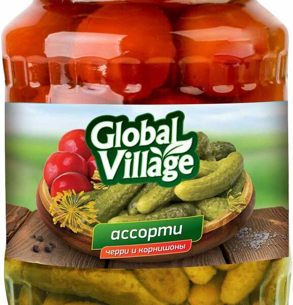 Ассорти Global Village корнишоны и томаты черри маринованные 680г