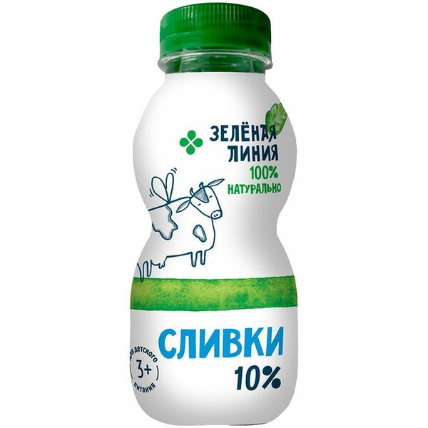 Сливки питьевые пастеризованные 10% Зелёная Линия, 200мл