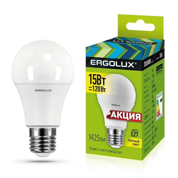 Лампа светодиодная ERGOLUX Промо, E27, 15 Вт, 3000К, 220-240 В, груша